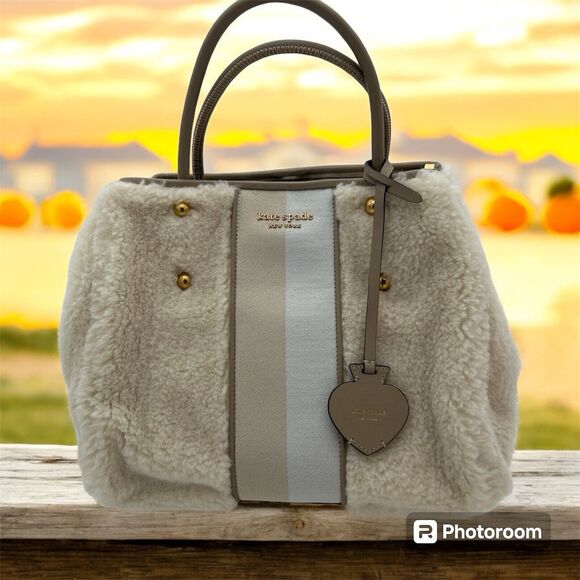 Kate Spade Everything Racing Stripe Faux Shearling M Tote K9937 Cream Beige EUC